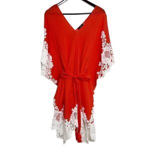 Natori Crocheted Asymmetrical Floral Mini Dress Orange Size XS